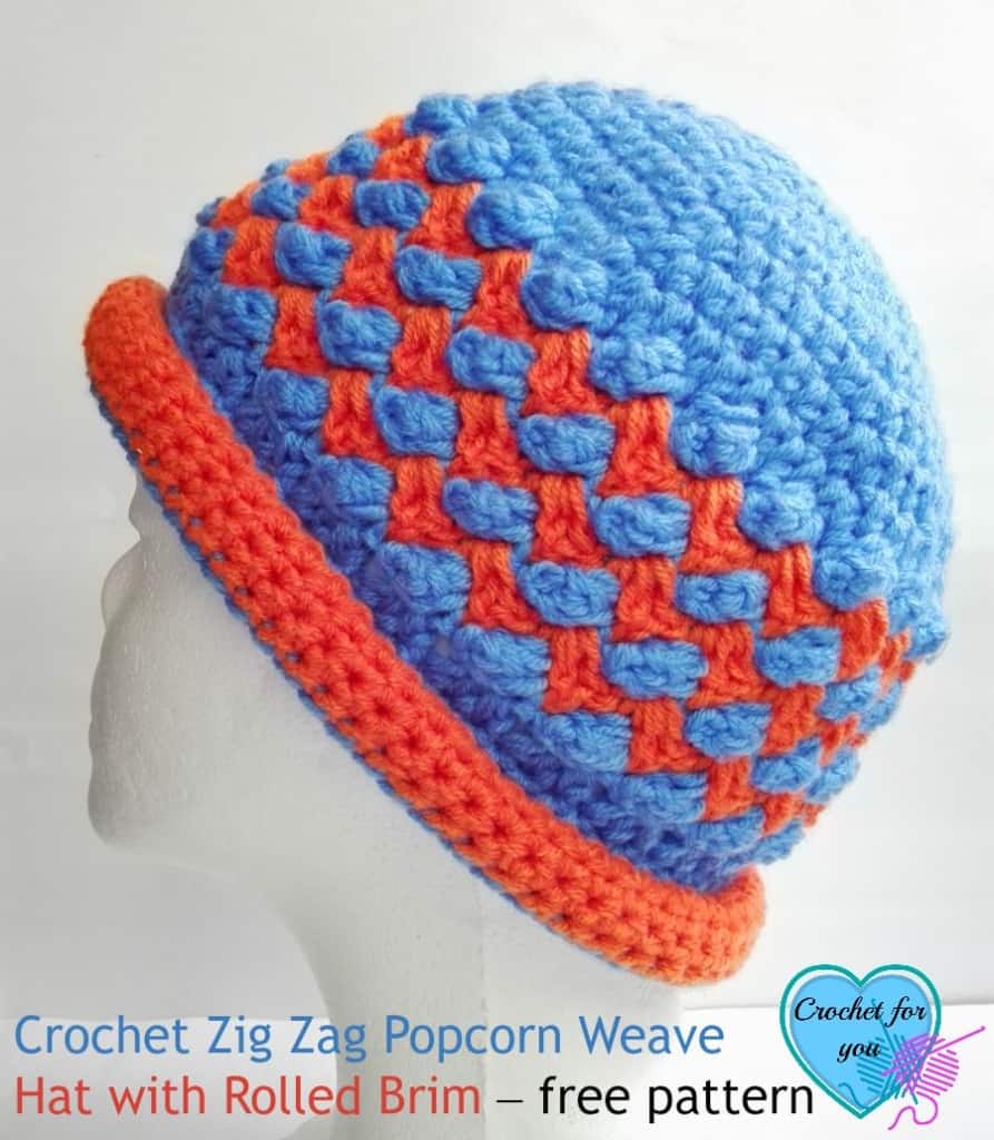 Crochet ZigZag Popcorn Weave Hat with Rolled Brim free pattern. 893x1024 1